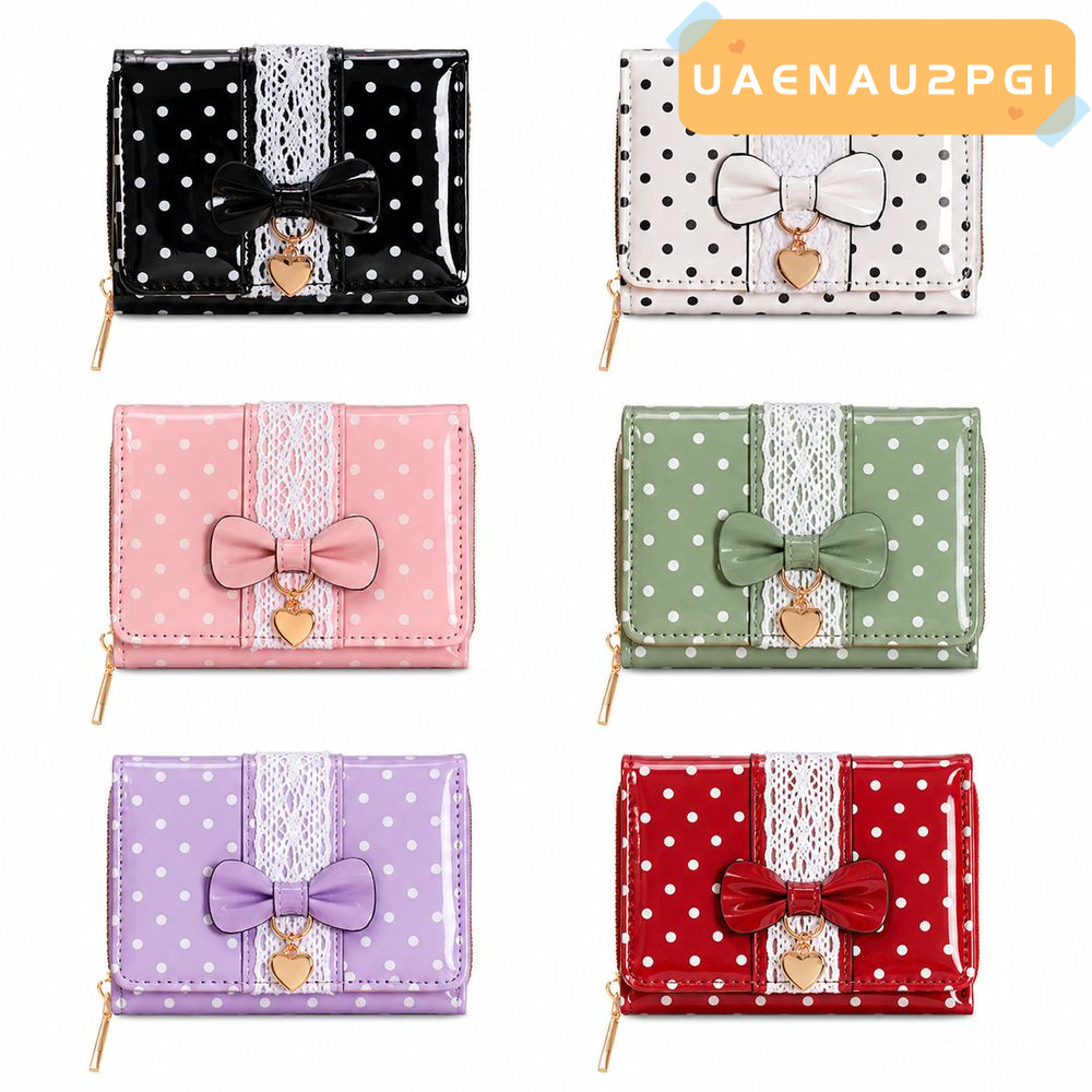 UAENAU2PG1 กระเป๋าใส่เหรียญ, Polka Dot Pattern PU Wallet Tri-Fold Wallet, Bow Decorative Glossy PU M
