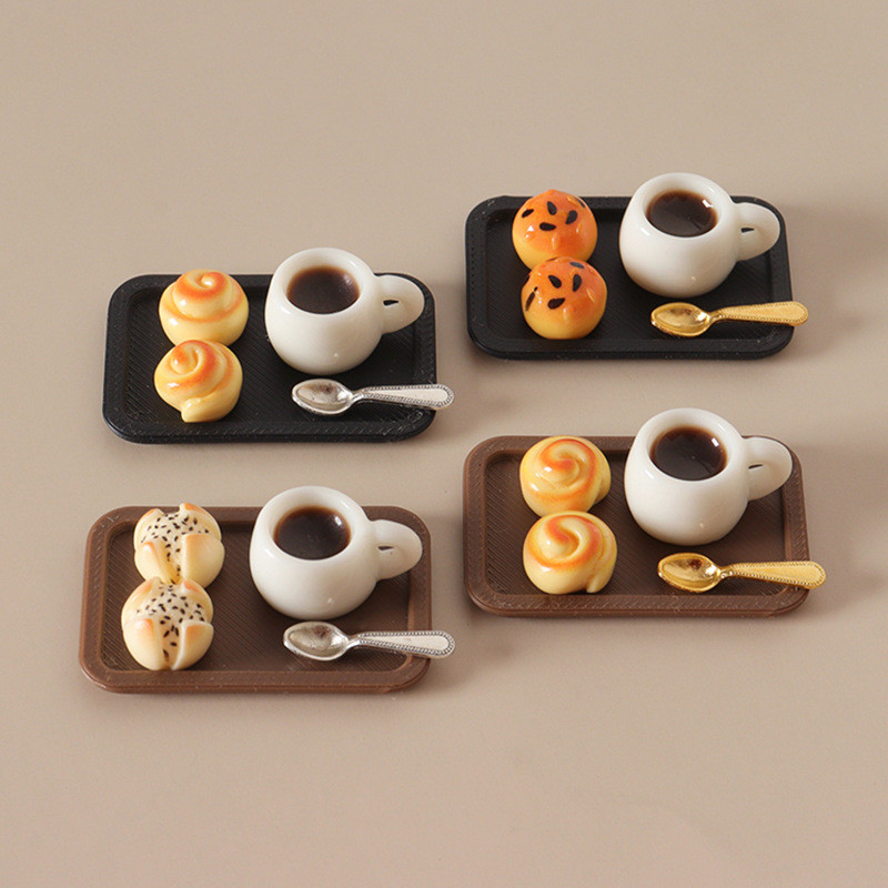 ตุ๊กตา Dollhouse Miniature อาหารของเล่นตกแต่งขนมปังถ้วยกาแฟถาดตกแต่ง Gadget 9.3 9KQ7