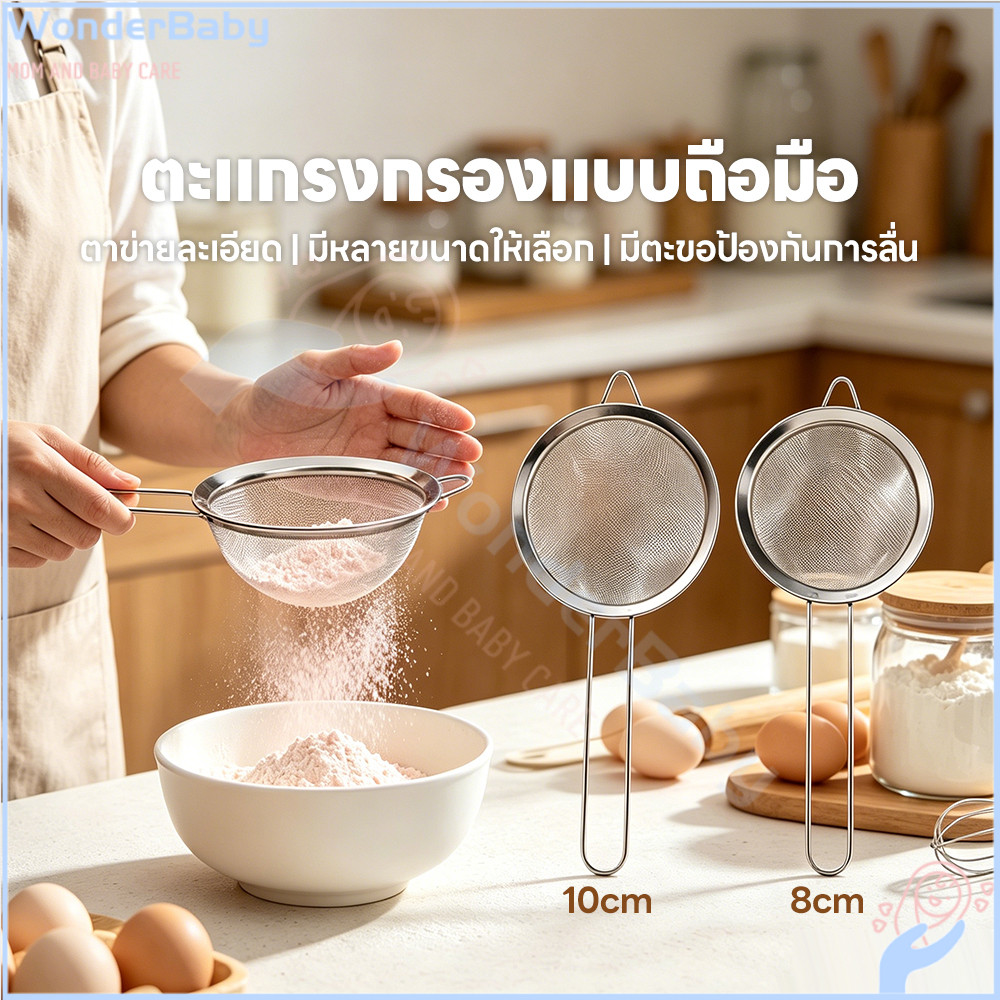 WONDERBABY กระชอนร่อนผงชาญี่ปุ่น กระชอนร่อนแป้ง ทนทาน ตะแกรงผงชา ละเอียด กระชอนสแตนเลส