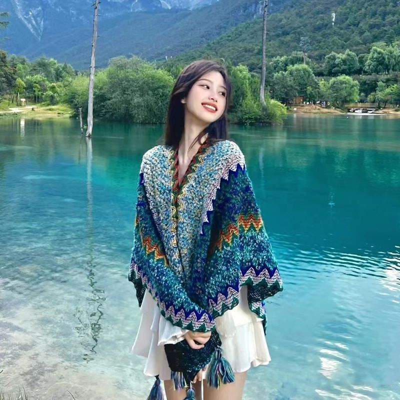 民族风* 披肩旅游穿搭围巾女毛毯丽江云南外搭保暖斗篷披风新疆西藏Ethnic Style Xizang Wears Cape Cape, Lhasa Scarf And Qinghai Grassla