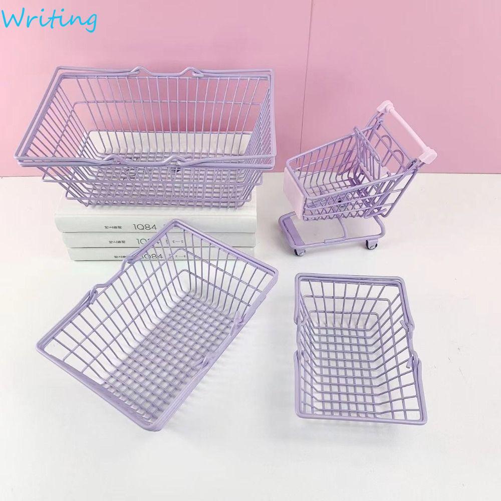 WRITING ตะกร้าเก็บขนาดเล็ก, โลหะรุ่นช้อปปิ้งรถเข็นเก็บ,น่ารัก Hollow Decor เครื่องสําอางค์ของเล่นรถเข็นคอนเทนเนอร์หญิง