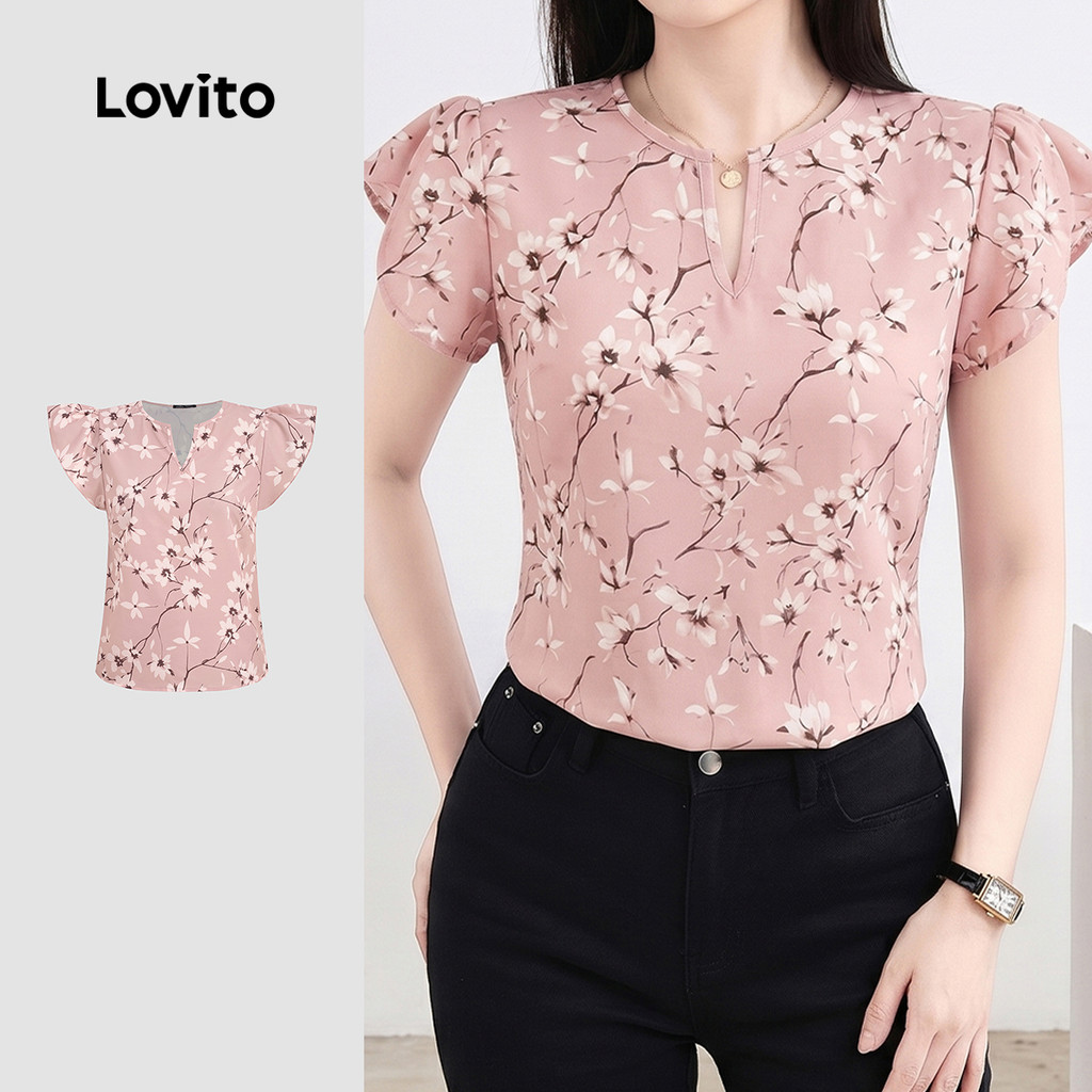 (New Arrival) Lovito เสื้อเบลาส์ผู้หญิง สีชมพู สไตล์เอเลแกนท์ ชายระบาย เหมาะสําหรับฤดูใบไม้ผลิ/ฤดูร้อน BLB198P1D213