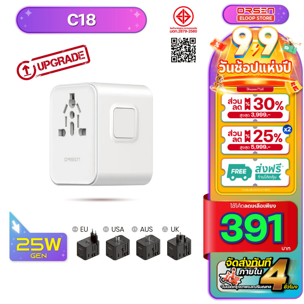 [199บ. โค้ดคุ้ม] Orsen Eloop Store หัวชาร์จ สีขาว C6 C10 C12 C16 C18 GaN หัวชาร์จเร็ว PD สูงสุด 65W