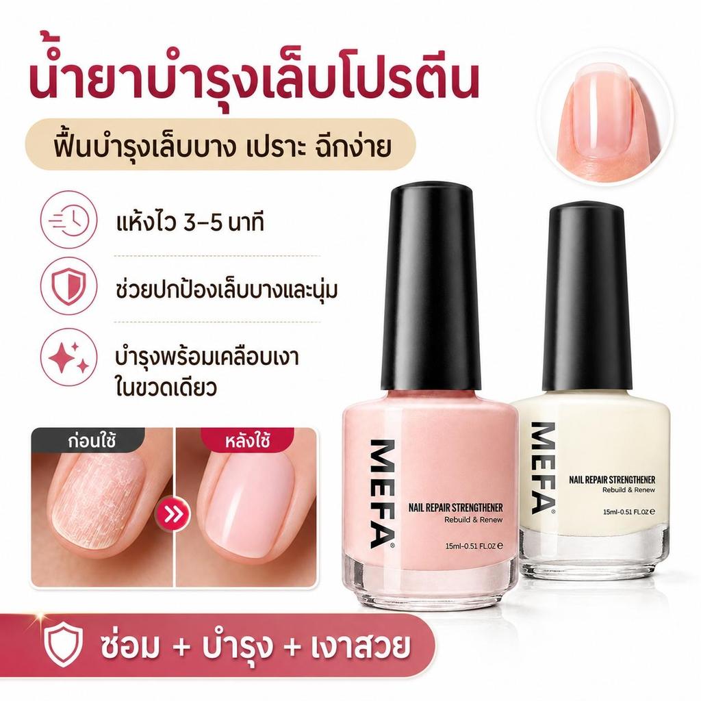 MEFA 15ml เซรั่มบำรุงเล็บ เสริมความแข็งแรง ฟื้นฟูเล็บบางพัง เติมโปรตีน แห้งไว ไม่ง้อเครื่องอบ UV