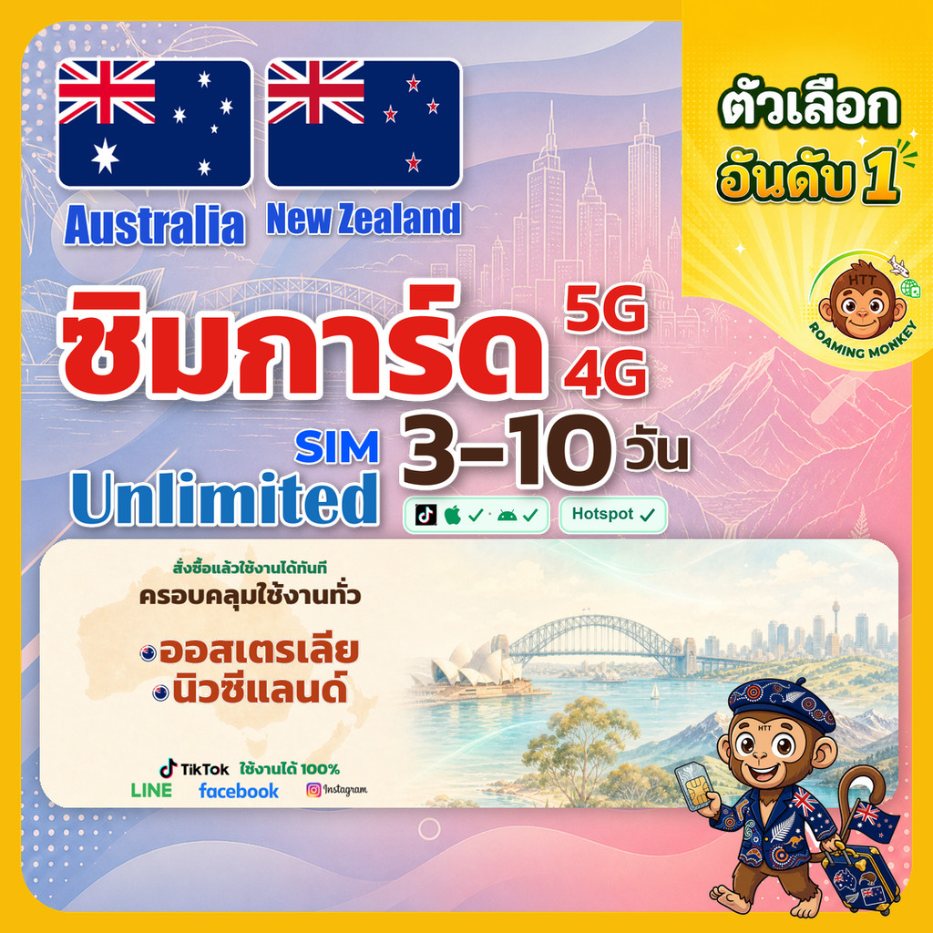 sim ออสเตรเลีย นิวซีแลนด์ 3-10 วัน ไม่ต้องลงทะเบียน 5G/4G สำหรับท่องเที่ยว Sim Australia & New Zeala