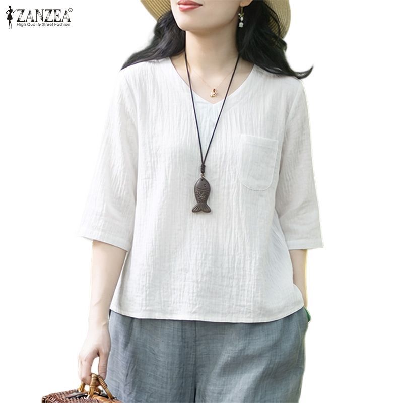 ZANZEA เสื้อเบลาส์เรียบง่ายคอวี 3/4 สําหรับผู้หญิงแฟชั่นเกาหลี — صورة 6