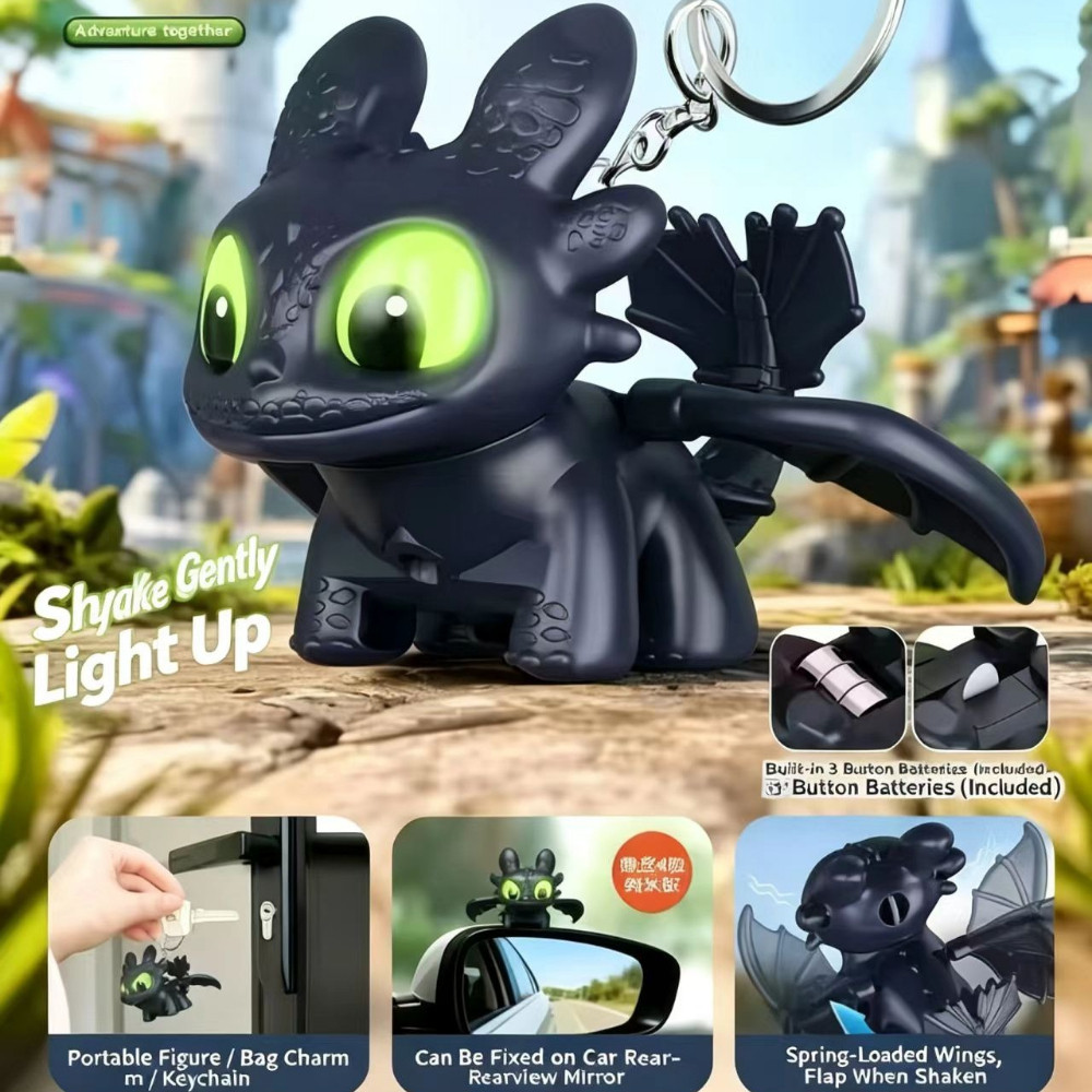 ของแท้น่ารักส่องสว่าง Toothless Boy พวงกุญแจ Night Evil Wings Movable Eyes ไฟ LED Luminous แดชบอร์ดร