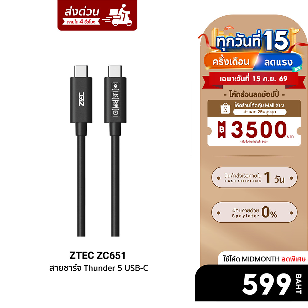 [ลดเหลือ 599] ZTEC Thunder 5 Cable ZC651 สายชาร์จ ส่งข้อมูล 80Gbps USB4 240W 8K/60Hz ยาว 1.5 m -2Y