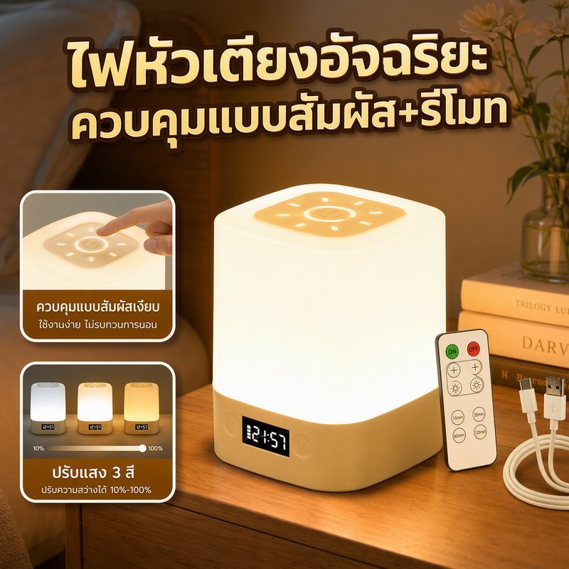 โคมไฟหัวเตียง โคมไฟ LED แสดงเวลา ปรับแสงได้3สี ปรับความสว่างได้ แสงนุ่มนวล ไม่ทำให้ตาล้า
