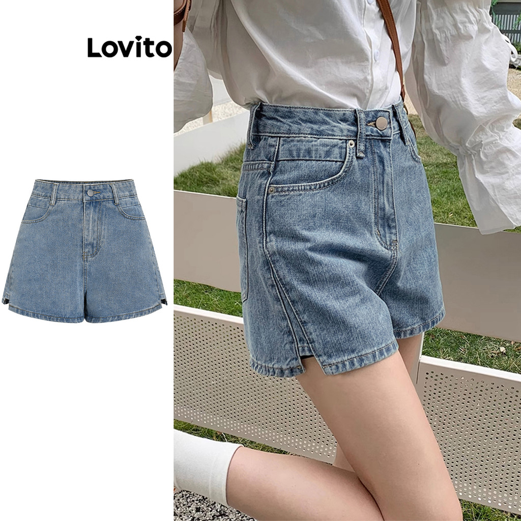 Lovito แคชชวล กางเกงขาสั้นยีนส์ผู้หญิง สีพื้น กระเป๋าตัดสี ดีไซน์ รุ่น L68ed114 (หลายสี)