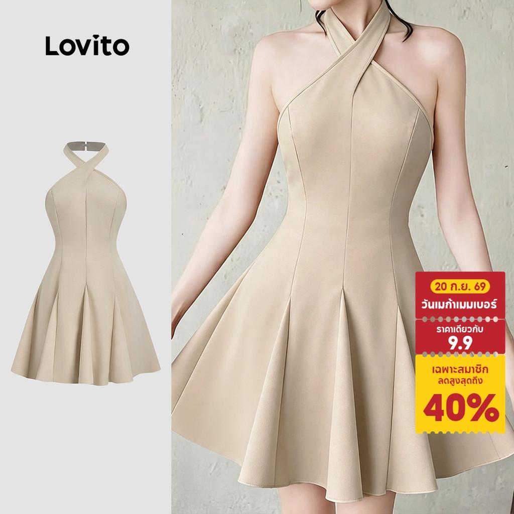 Lovito เดรสผู้หญิงสีกากี เรี๊ยวคอไขว้ระบายชาย กระดุม สไตล์สง่างาม ฤดูใบไม้ผลิ/ฤดูร้อน DRB199P2D584