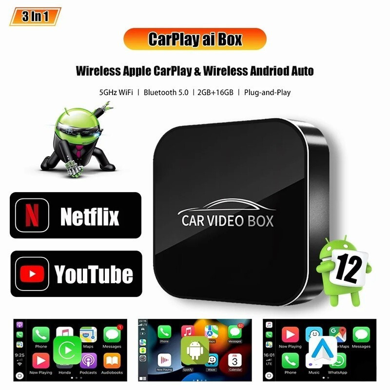 ใหม่ CarPlay ai Box Android Auto & Apple Carplay 3in1 อะแดปเตอร์มัลติมีเดีย Builtin Netflix YouTube 