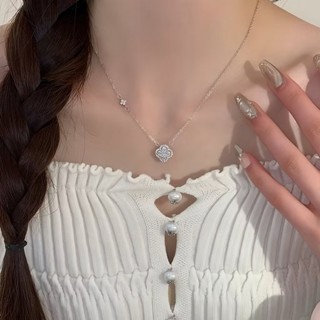 สร้อยคอจี้ใบโคลเวอร์ ประดับเพชรสร้อย สร้อยเงิน สร้อยแฟชั่น เ…