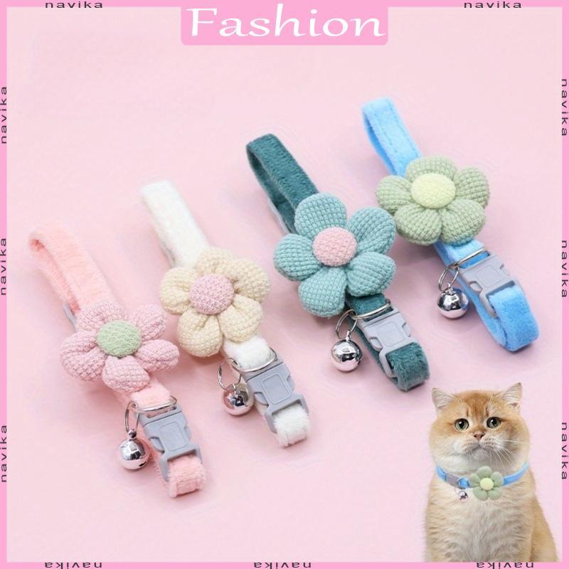 NAV สร้อยคอดอกไม้ Choker สําหรับสัตว์เลี้ยงคอตกแต่งดอกไม้ Bells คริสต์มาสสุนัขสร้อยคอสัตว์เลี้ยงเครื