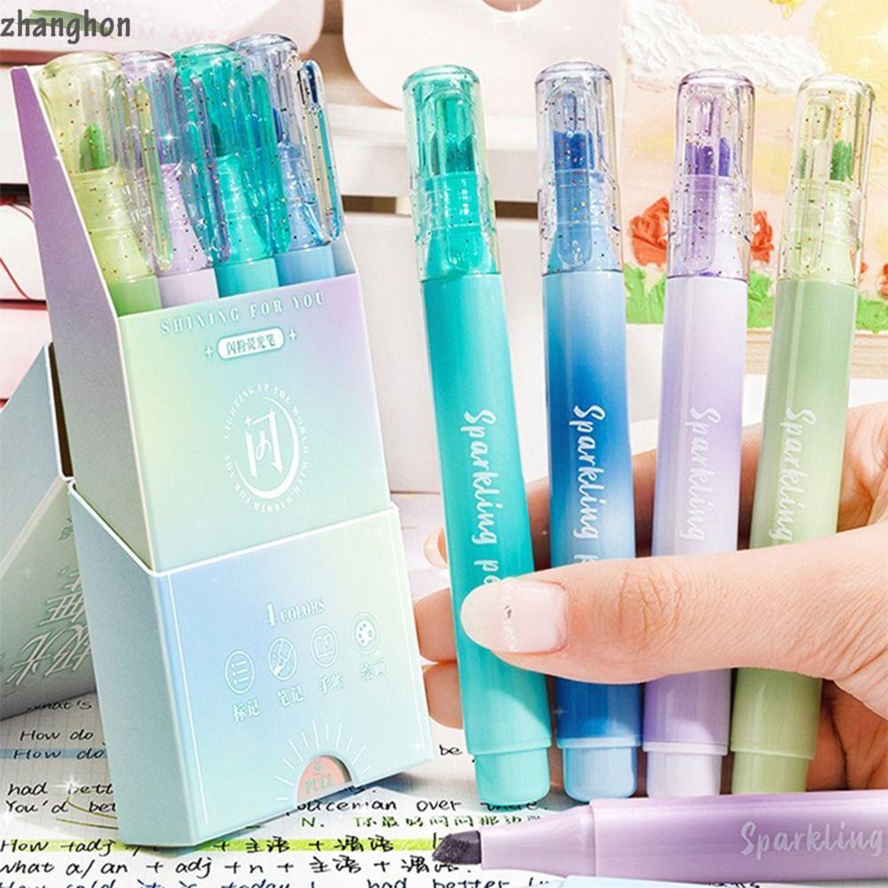 ZHANGHONG 4PCs/Set Shiny Highlighter Pen, Eye Protection Oblique Tip Fluorescent Pen, Glitter Marker
