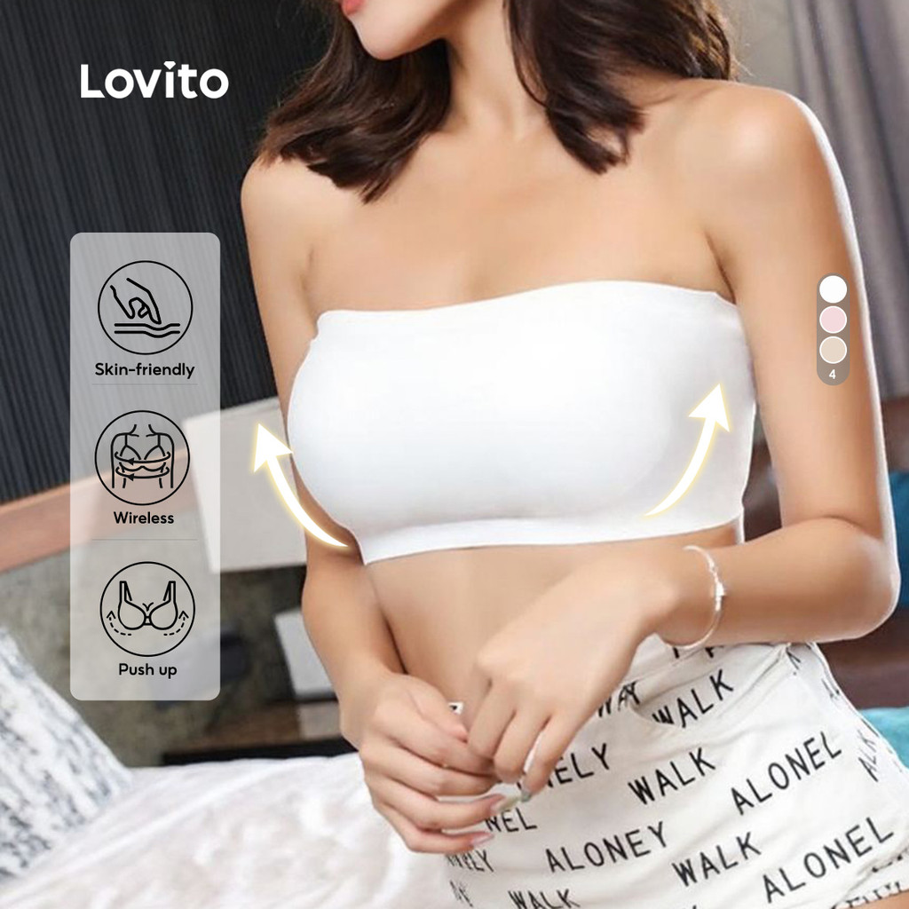 Lovito เสื้อชั้นในแบบไร้ตะเข็บ ป้องกันการหย่อนคล้อย สวมใส่สบาย เหมาะกับผิวกาย สีดำ เรียบง่าย สำหรับผู้หญิง LNE117008