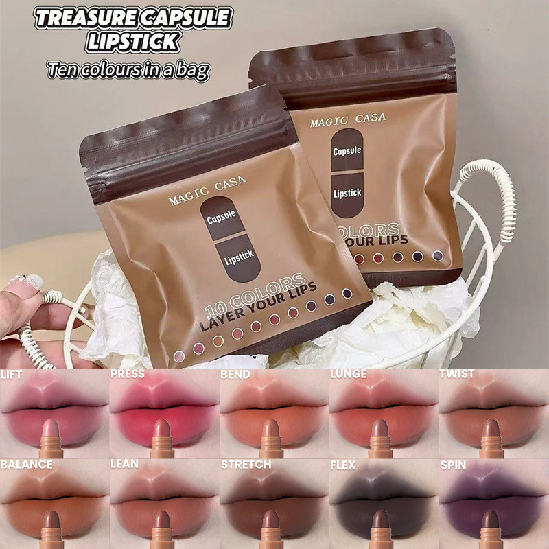 Magic Casa 10 สีช็อกโกแลตแคปซูลลิปสติก Matte Nude Mini ลิปสติกกันน้ํา Matte Stick Set