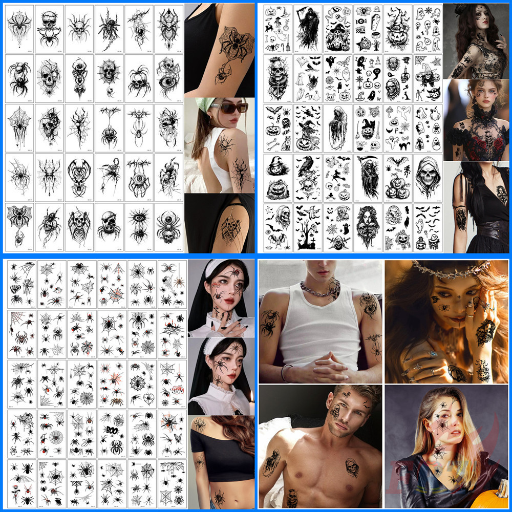 สติ๊กเกอร์รอยสักกันน้ำ สำหรับเทศกาล Halloween ลายแมงมุมและกระดูก แพคเกจ 30 แผ่น