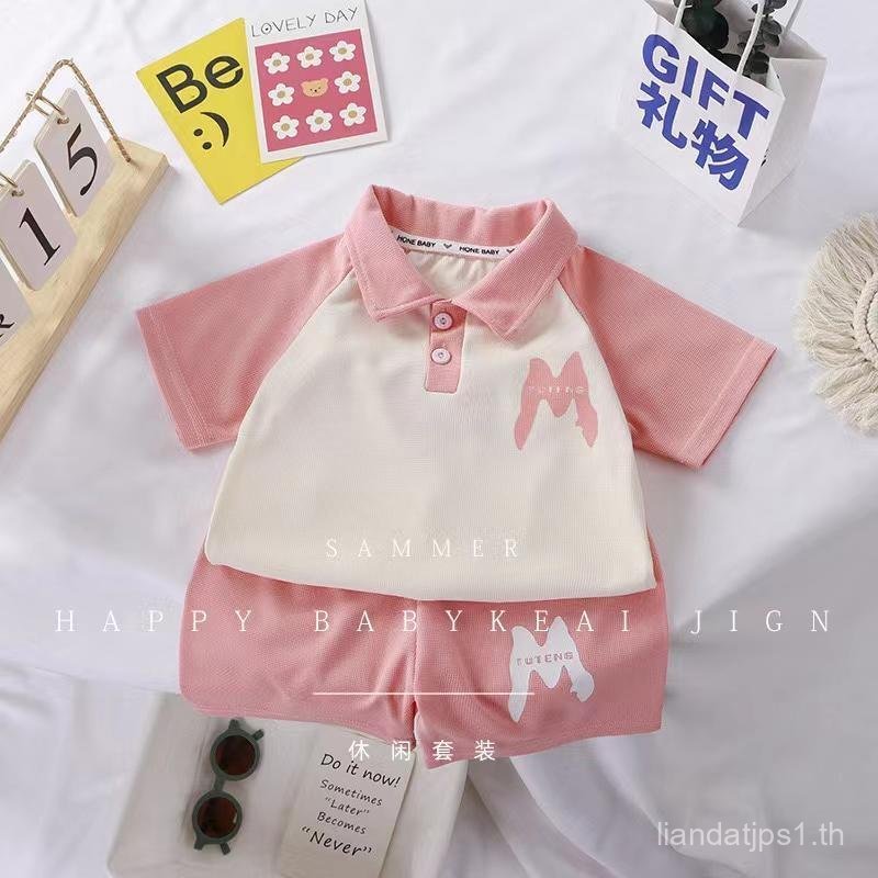 M04 เสื้อผ้าเด็ก เสื้อโปโลแขนสั้น คอปก และกางเกงขาสั้น M สไตล์เกาหลี สําหรับเด็กผู้ชาย และเด็กผู้หญิ