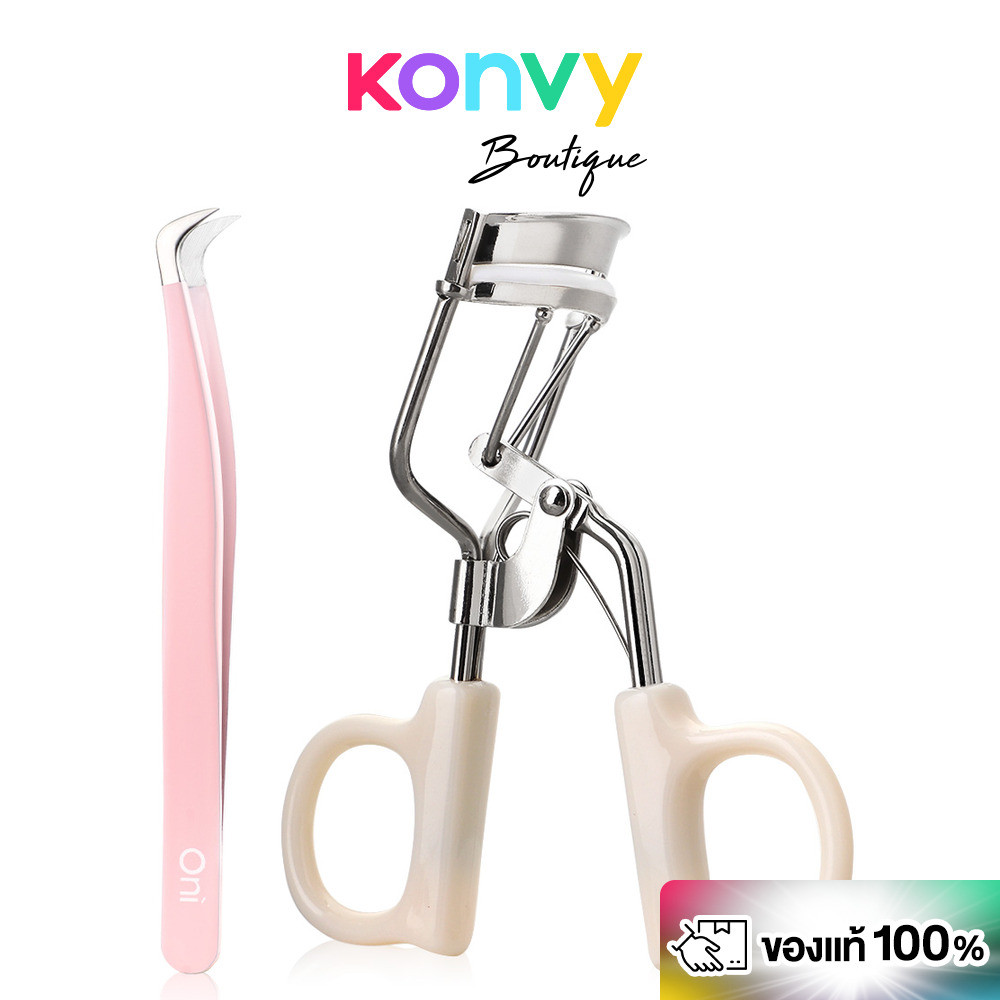 Oni Curved Lash Tweezer 1pc + Eyelash Curler 1pc #White โอนิ เซทแหนบขนตาทรงโค้งและที่ดัดขนตา สีขาว.