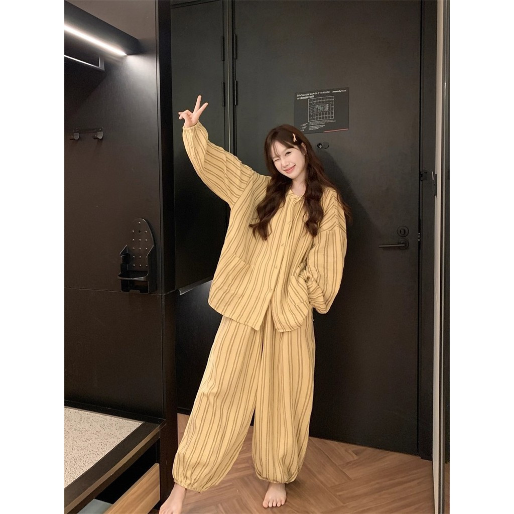 FDS รอบคอลายฤดูใบไม้ผลิฤดูใบไม้ร่วงแขนยาวกางเกงลายเวอร์ชั่นเกาหลีแฟชั่นหลวม Warm Loungewear BC5E HIF