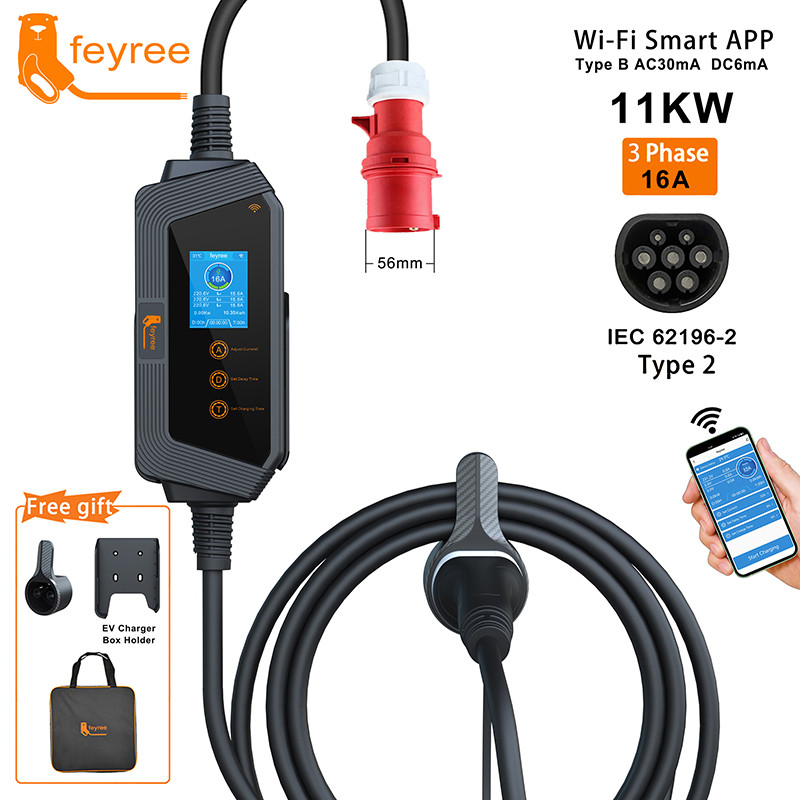 Feyree Type2 สายแบบพกพา EV Charger 11KW 16A 3P Car Charger Wi-Fi APP ควบคุม EVSE กล่องชาร์จ CEE ปลั๊