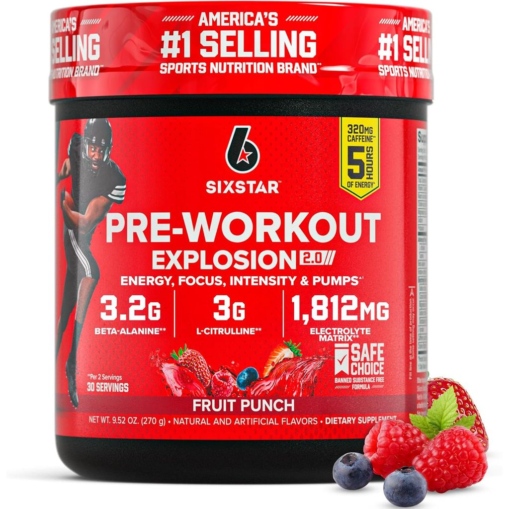 Six Star Pre-Workout Powder for Men & Women, Fruit Punch (30 เสิร์ฟ) - Preworkout Explosion 2.0 Ener