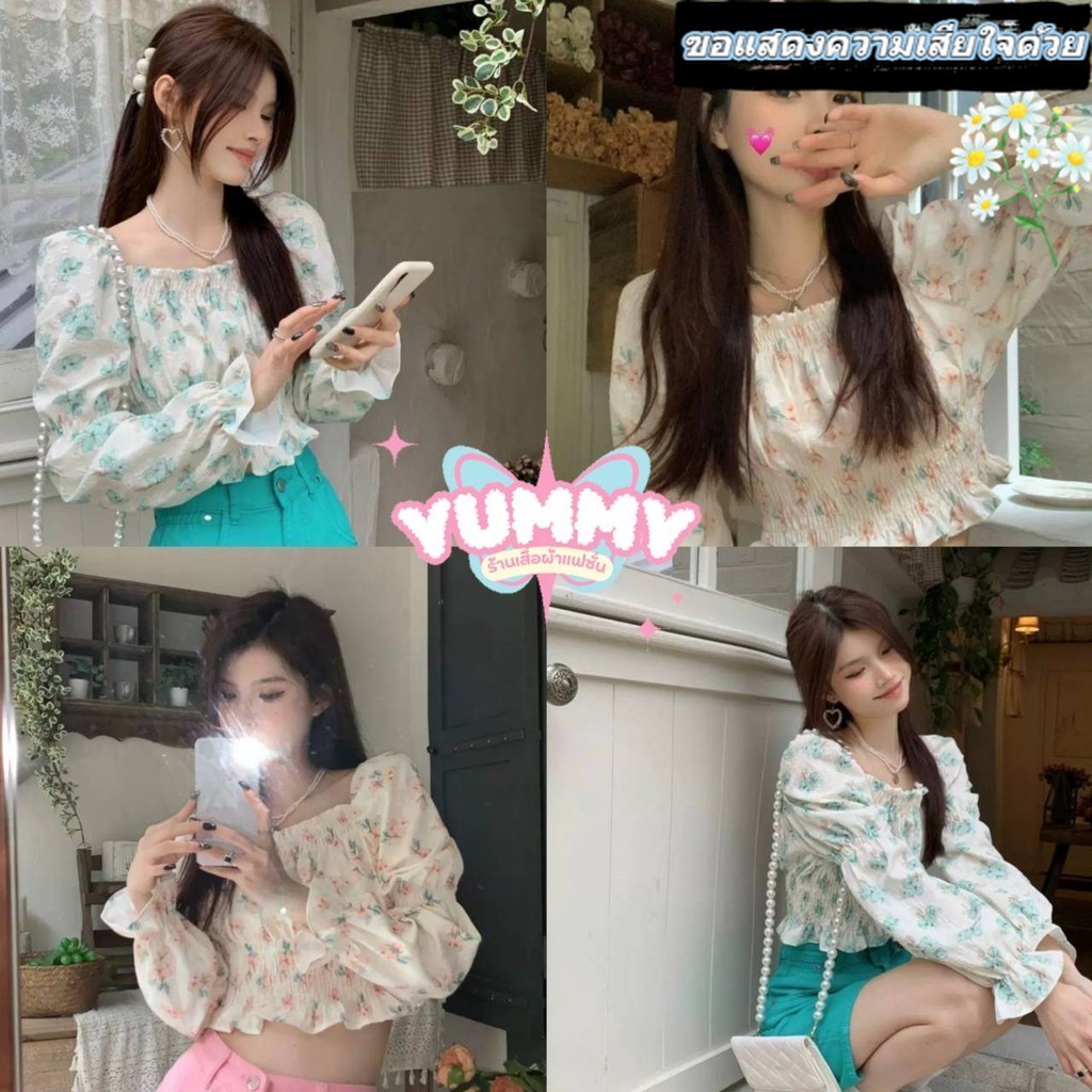 🎀Yummy Shop🎀พร้อมส่ง (72031) -C เสื้อเปิดไหล่ลายดอกไม้ ผ้าชีฟอง