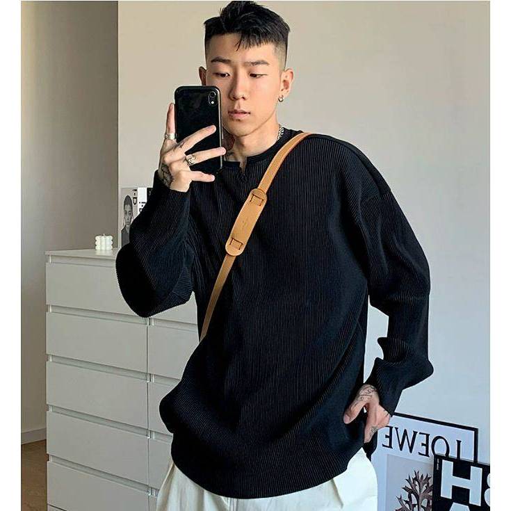 High-Grade V-neck Pleated Draping round Neck Long-Sleeved T-shirt for Men Loose Men's Clothing Sprin