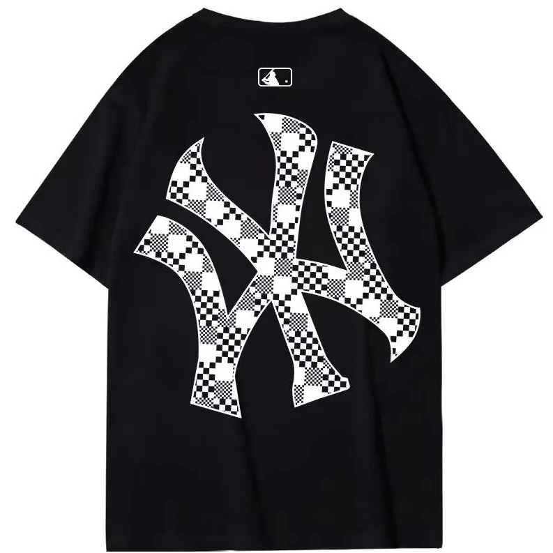 MBL เสื้อยืดคู่ผู้ชายและผู้หญิง Non-Iron ลายสก็อตแฟชั่น สวมใส่ง่ายในฤดูร้อน รอบคอลักษณะเฉพาะสีดำ