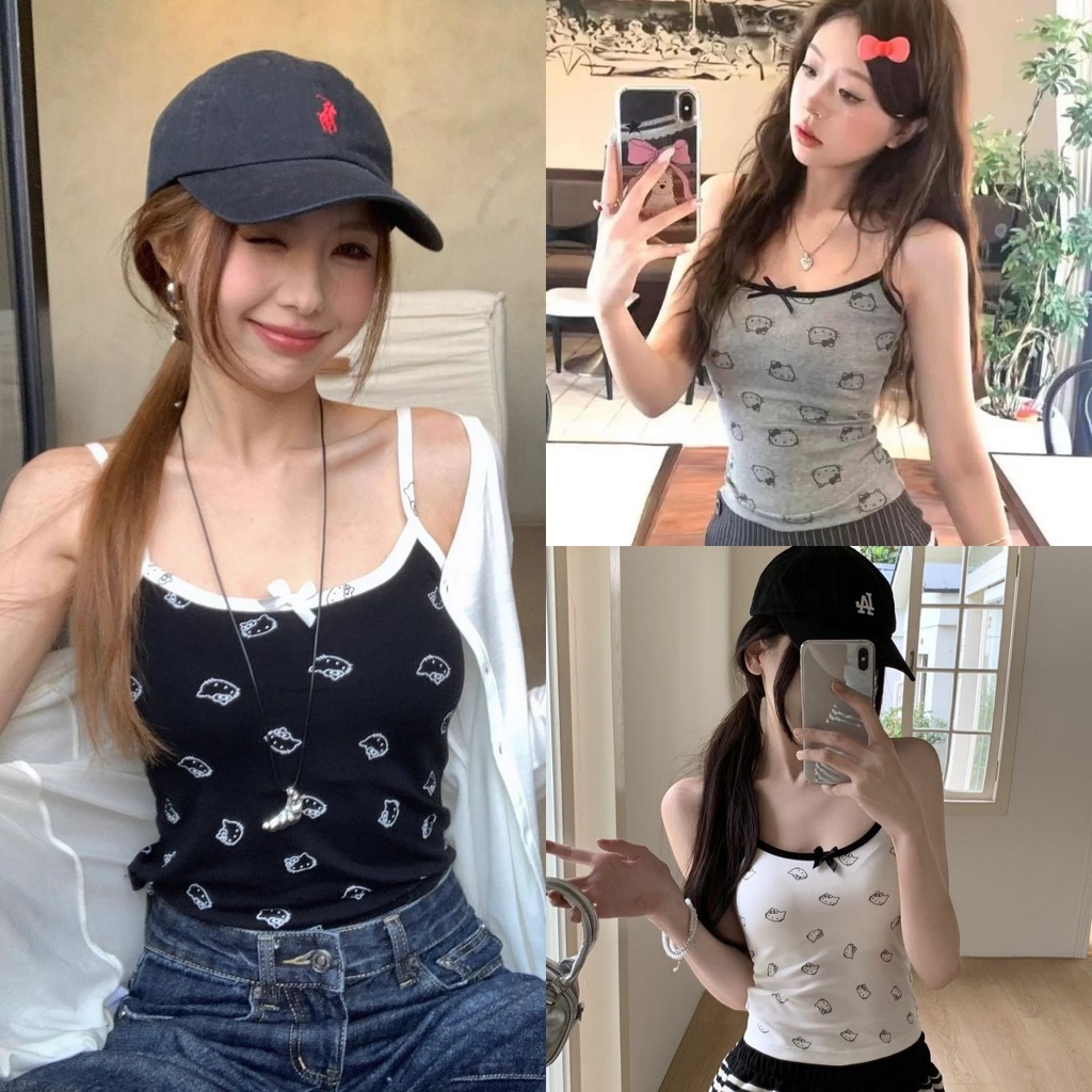🍒Evelyn🍒เสื้อครอป ยืดพอดี เสริมฟองน้ำ ลายน้อแมวสาว เสื้อสายเดี่ยว สไตล์เกาหลี แฟชั่นสำหรับผู้หญิง พร้อมส่ง