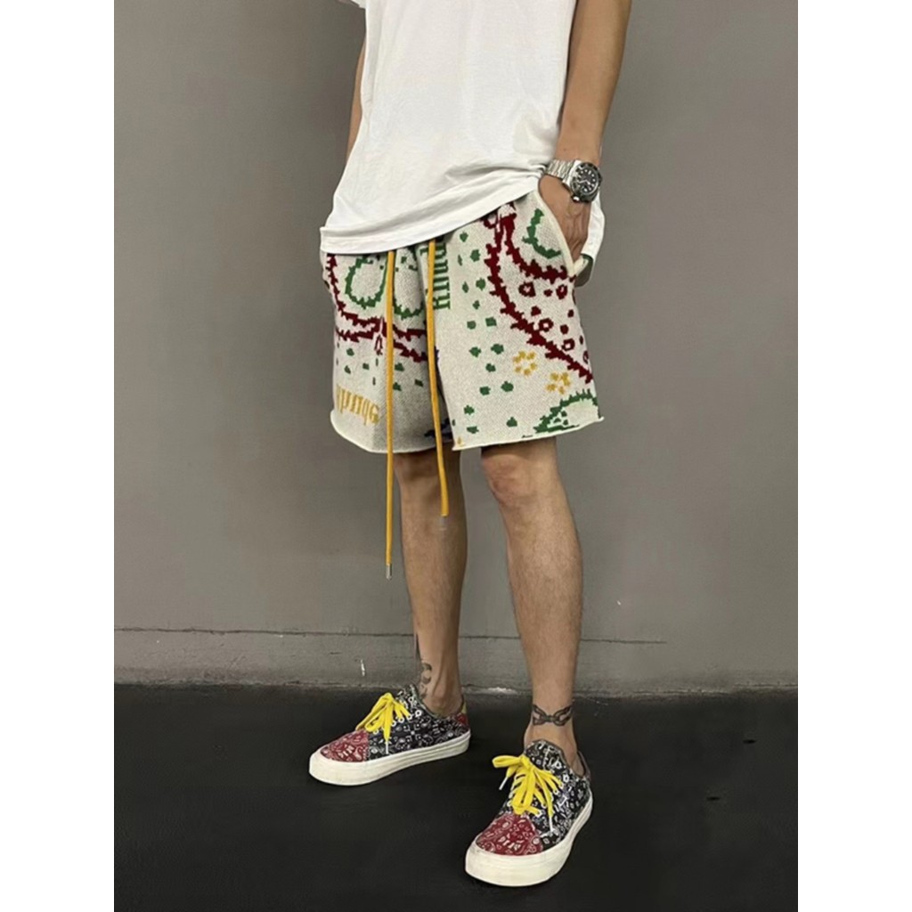 RHUDE กางเกงขาสั้นดอกไม้มะม่วงหิมพานต์ผู้ชาย สไตล์แฟชันสตรีท สบายสำหรับกีฬา