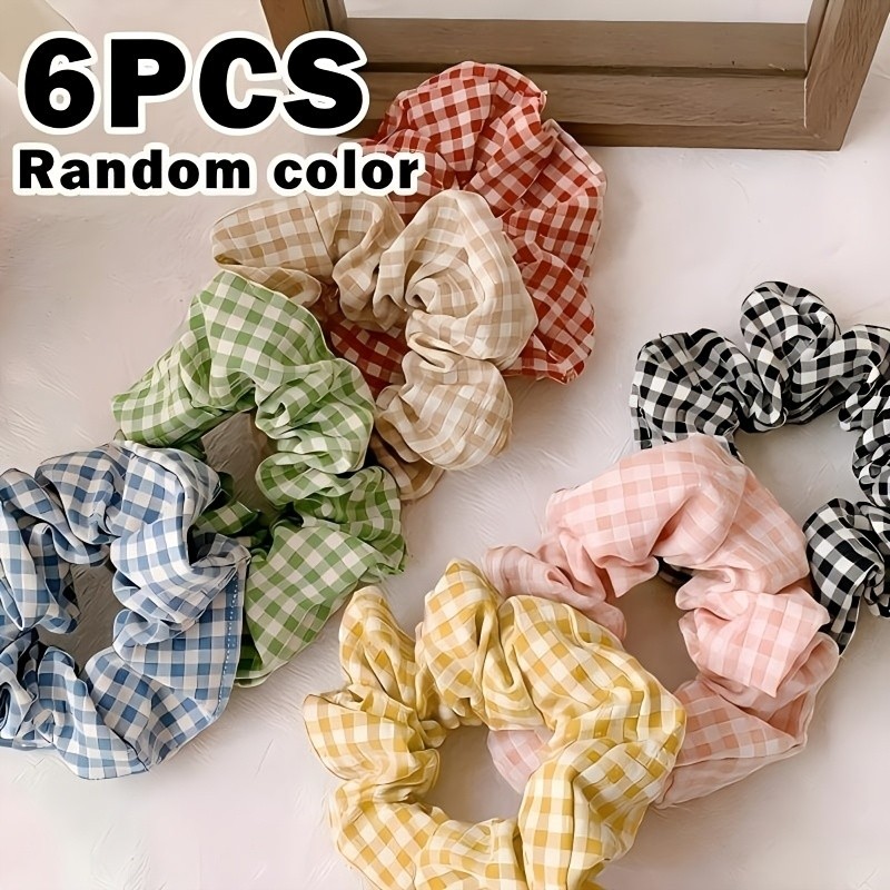 6 ชิ้นสีสุ่ม Plush Check Scrunchies, Preppy อ่อนโยนยืดหยุ่นผมสําหรับผู้หญิง