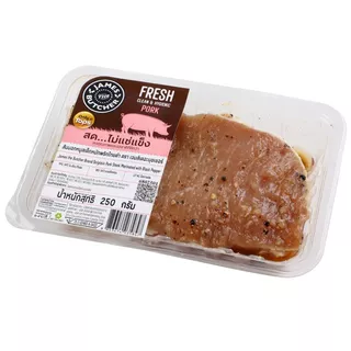 เจมส์เดอะบุชเชอร์สันนอกหมูสเต็กหมักพริกไทยดำ 250กรัม JTBStriploinPorkSteakMarin250g [หมายเลขบาร์โค้ด 8853474035847 ]