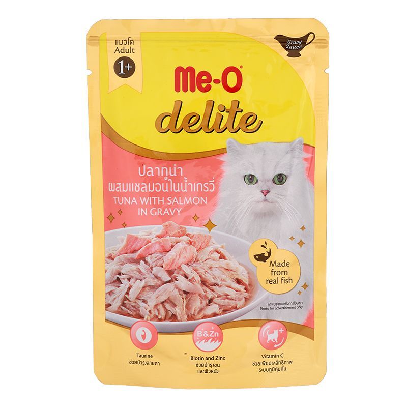 มีโอดีไลท์อาหารแมวปลาทูน่าผสมแซลมอนในน้ำเกรวี่	70ก MeO Delite Pouch Tuna With Salmon In Gravy 70g [8850477026322 ]