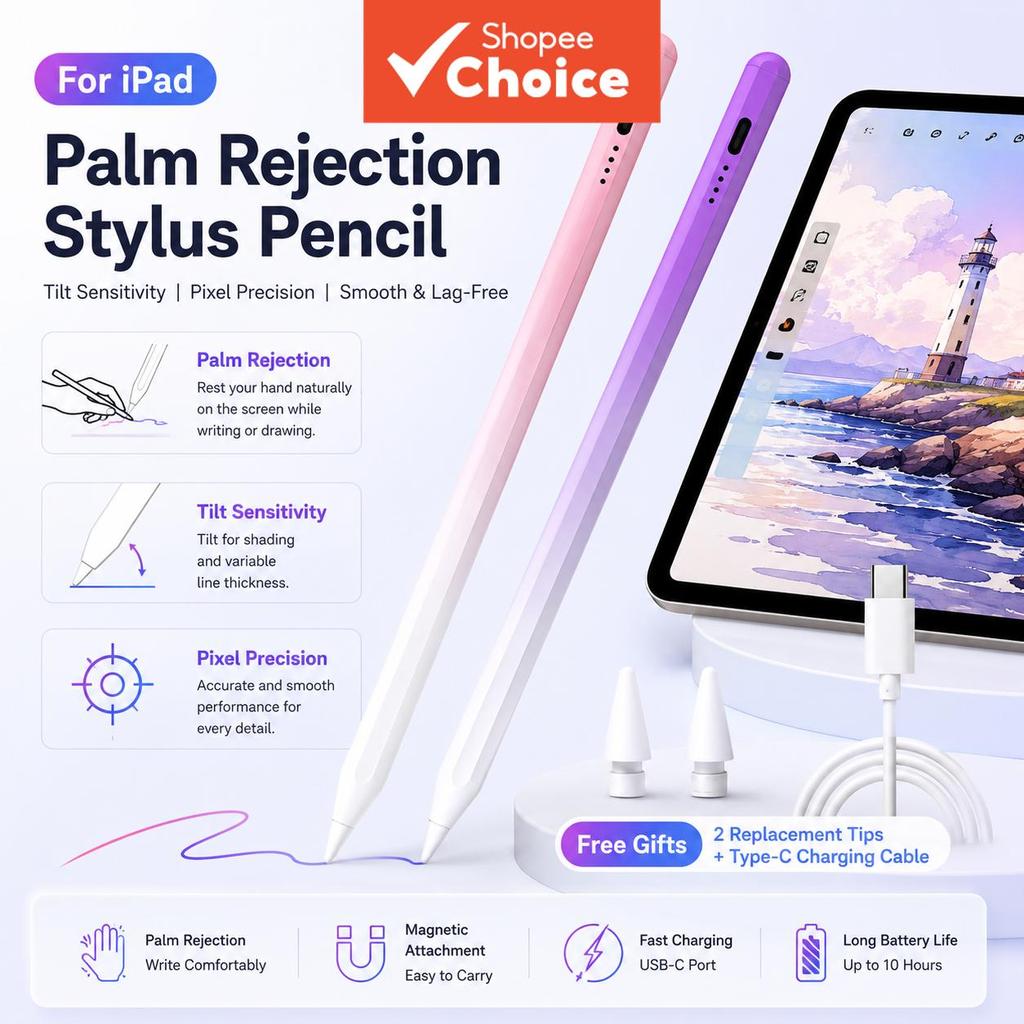 ปากกาสไตลัสสําหรับ iPad รองรับการชาร์จไร้สายแบบแม่เหล็ก ป้องกันฝ่ามือ รองรับการวาดเขียนและใช้งานร่วมกับ iPad Pro/Air/Mini ได้อย่างชาญฉลาด