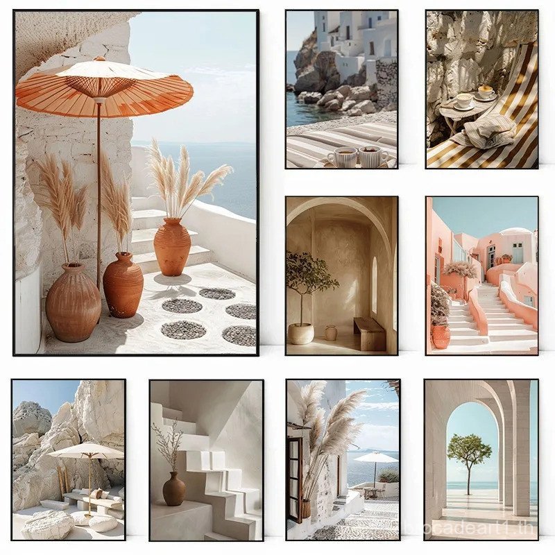 Greece Santorini Beach ฤดูร้อน Modern Travel ภูมิทัศน์โปสเตอร์และพิมพ์ผ้าใบพิมพ์ Wall Art ภาพสําหรับ