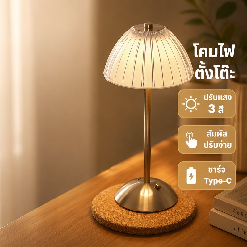 โคมไฟตั้งโต๊ะ LED สัมผัส ปรับแสง 3 โทน ชาร์จ Type C ไฟหัวเตียง ไฟกลางคืน แต่งห้องนอน