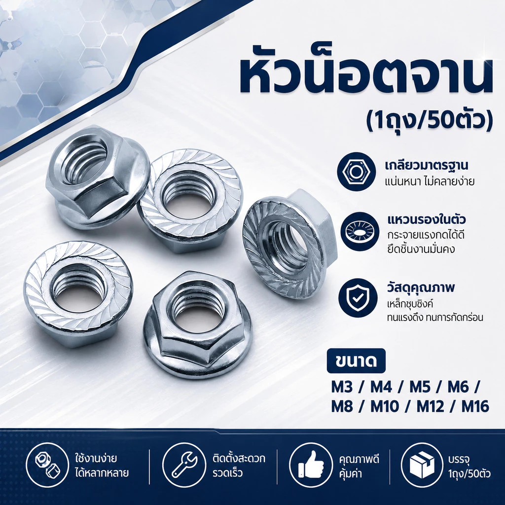(แพ็ค50ตัว) หัวน็อตจาน เหล็กชุบขาว M3 M4 M5 M6 M8 M10 M12 M16 หัวน็อตจานจักร น็อตตัวเมียติดแหวน