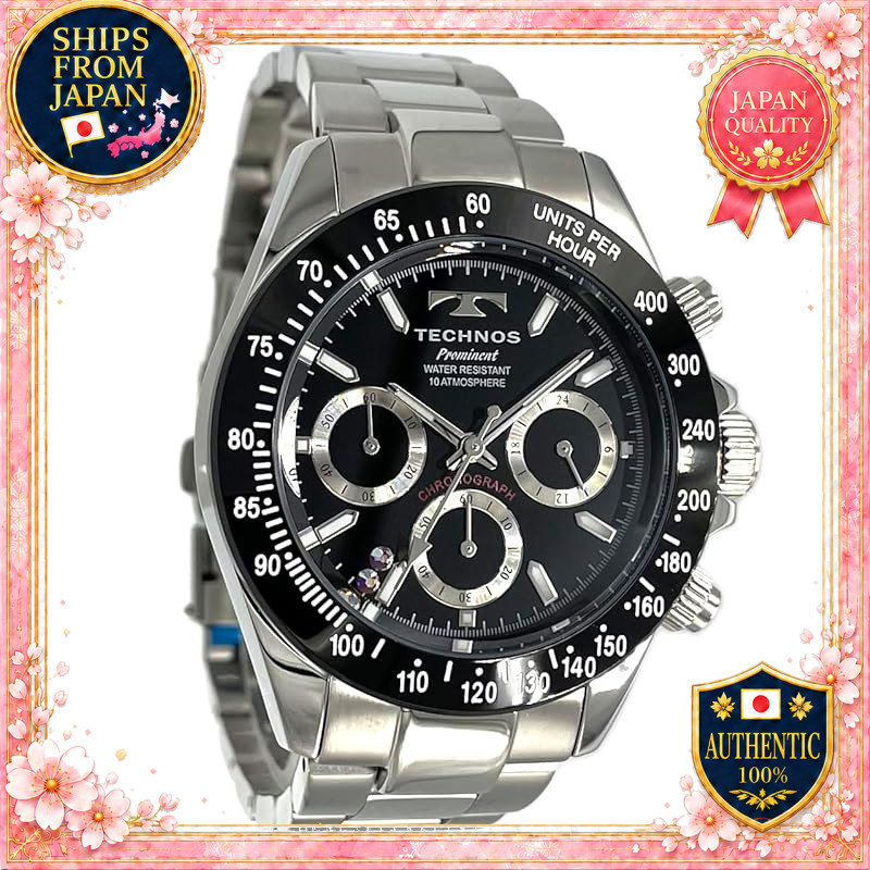 TECHNOS Limited Aurora Light Stone Chronograph Men's Watch Black with Size Adjustment Tool TP0403TB/