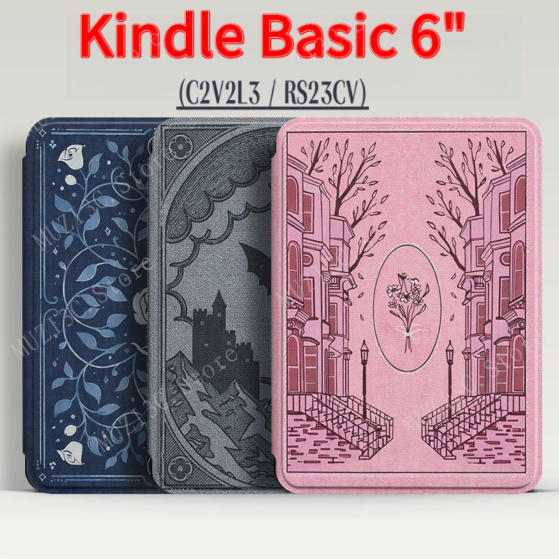 สําหรับ Kindle Basic 6 "2022 2024 C2V2L3 RS23CV 12th Generation 1th Ebook กรณี Auto Wake Sleep Vintage หนังสือพิมพ์ดอกไม้ HandStrap