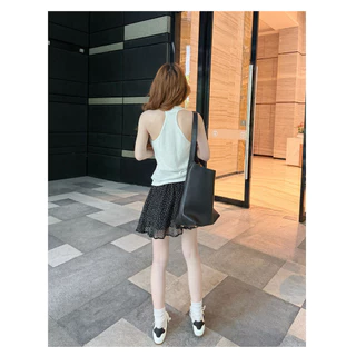 MUDO เสื้อผ้าถักสายเดี่ยวคล้องคอคอV สไตล์เซ็กซี่สง่างาม รัดเอวรอยพับข้าง ยืดหยุ่นสูง ดูผอม ซ่อนเนื้อ เข้ากับทุกชุด #1016