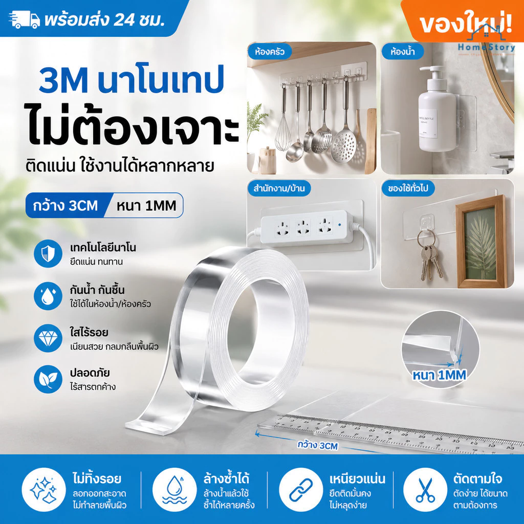 3m เทปกาวนาโน แบบสองหน้า เหนียวแข็งแรง ใส เทปกาวกันน้ําแบบใช้ซ้ําได้ กาว 2 หน้า กาวสองหน้า 3m แร็ง ยึดติด สูง