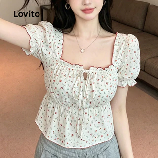(New Arrival) Lovito เสื้อเบลาส์ลําลองผูกด้านหน้าแบบสบาย ๆ สําหรับฤดูใบไม้ผลิ/ฤดูร้อนของผู้หญิง เกาหลี อินเทรนด์ LK7AD1071