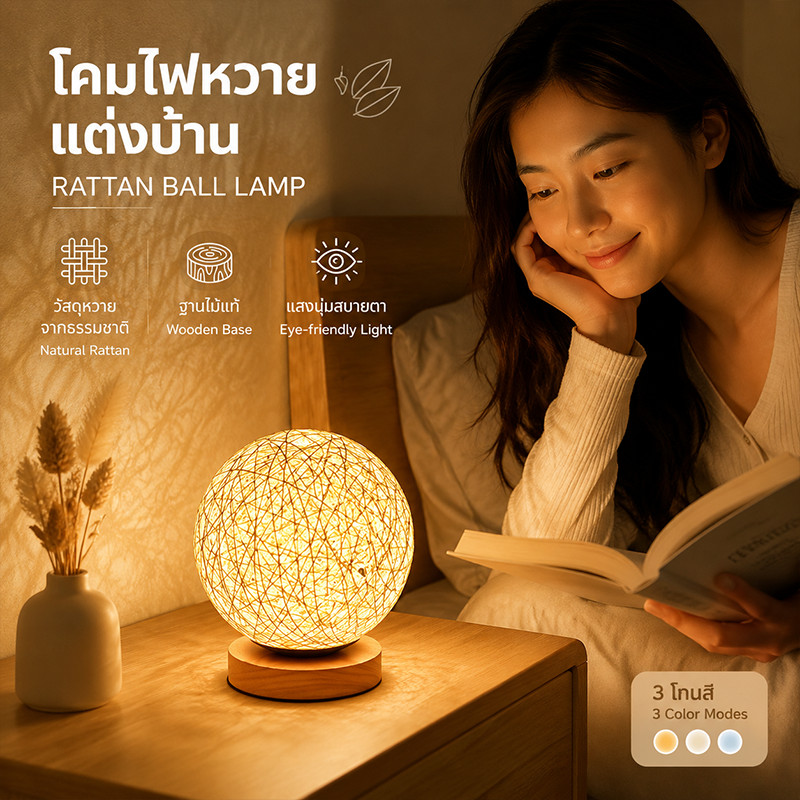 โคมไฟตั้งโต๊ะหวายทรงกลม ฐานไม้แท้ ปรับได้ 3 โทนแสง ป้องกันตา ไฟกลางคืน ตกแต่งห้องนอน วางหัวเตียงได้