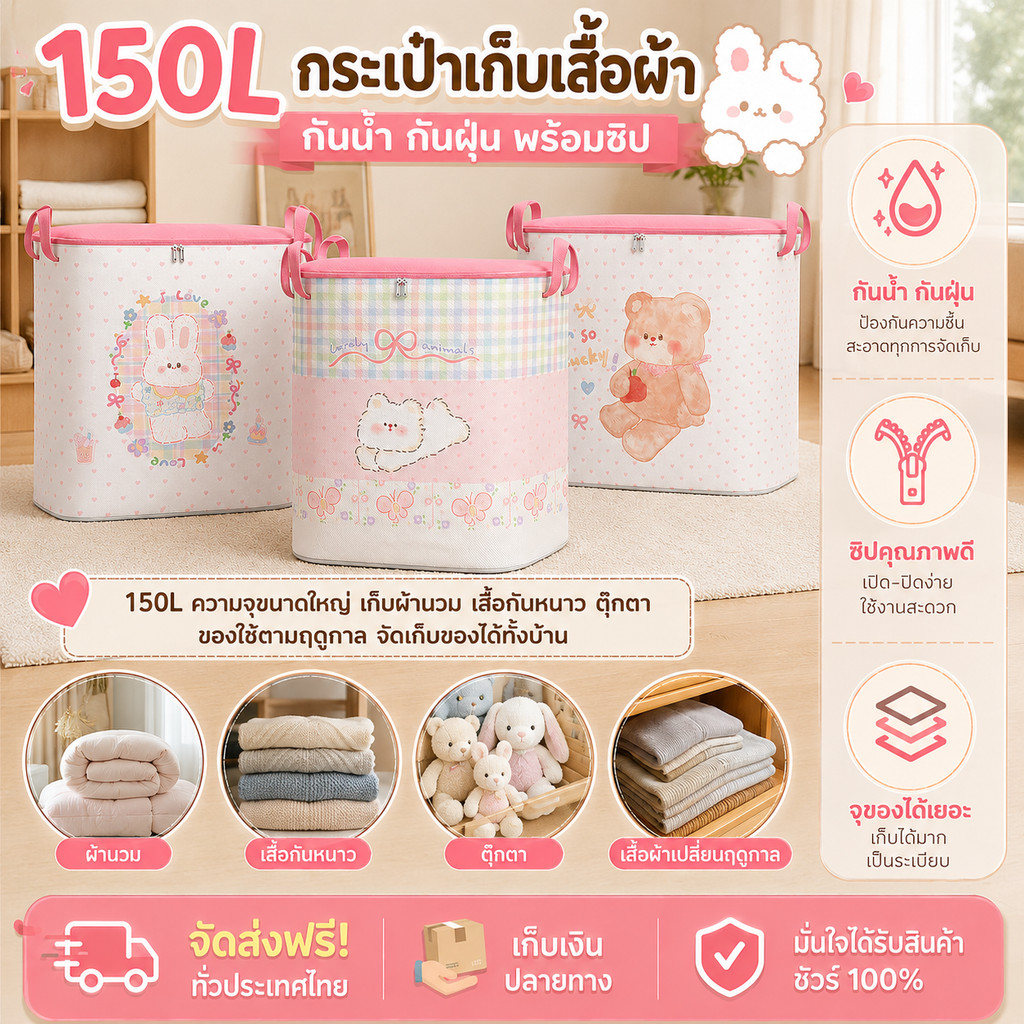 COD กระเป๋าเก็บเสื้อผ้า ถุงเก็บผ้านวม 350L กันน้ำและกันฝุ่น จุของได้เยอะ ถุงเก็บของ มีซิป