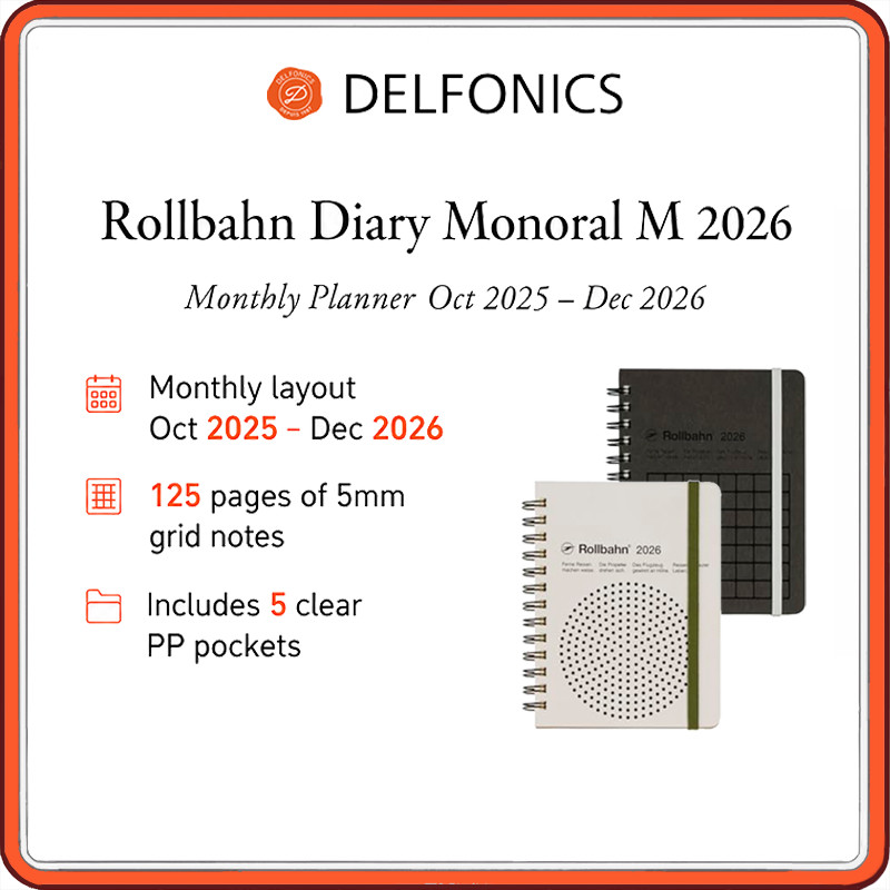 DELFONICS Rollbahn Diary Monoral M 2026 Monthly Planner & 5mm Grid Notebook, October 2025 Start, 125