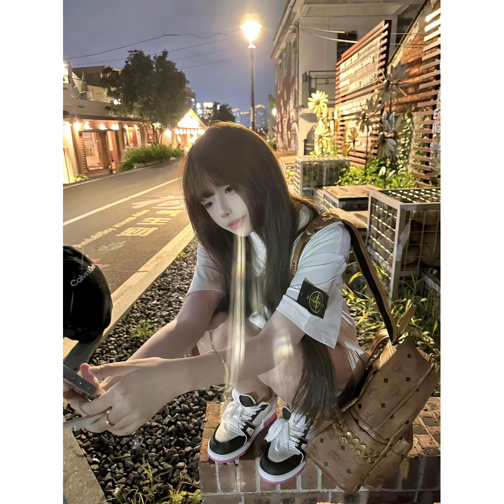 อเมริกัน High Street Stone Island ปักป้ายแขนสั้นเสื้อยืดผู้หญิงฤดูร้อนหลวมสบายๆคู่ครึ่งแขนผ้าฝ้ายแท้