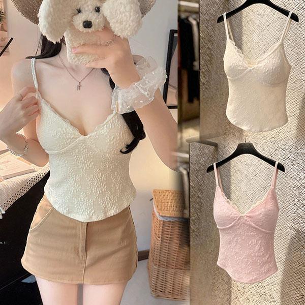 mimi-เสื้อสายเดี่ยวแขนกุดคอวีแต่งลูกไม้สุดเซ็กซี่สีชมพูสำหรับผู้หญิง สีสันอ่อนโยน ดีไซน์สายสะพายไหล่ปรับได้-x1019