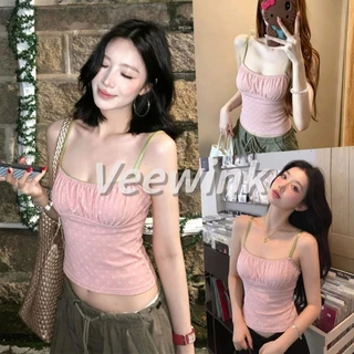 Veewink เสื้อกล้ามเกาหลีลายดอกไม้สีชมพู ใส่ตัวนอก เซ็กซี่ แขนกุด ทรงเข้ารูป ใส่แล้วเรียว แมทช์ง่าย